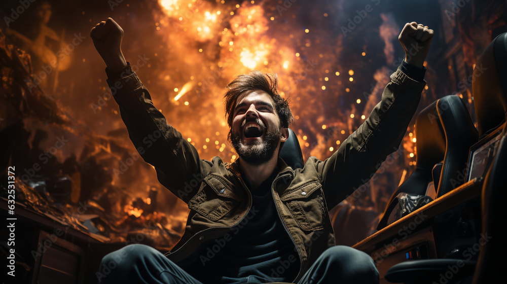 A pro gamer standing on their chair with fists raised high, basking in the glory of their triumph Generative AI A pro gamer standing on their chair with fists raised high, basking in the glory of their triumph Generative AI
