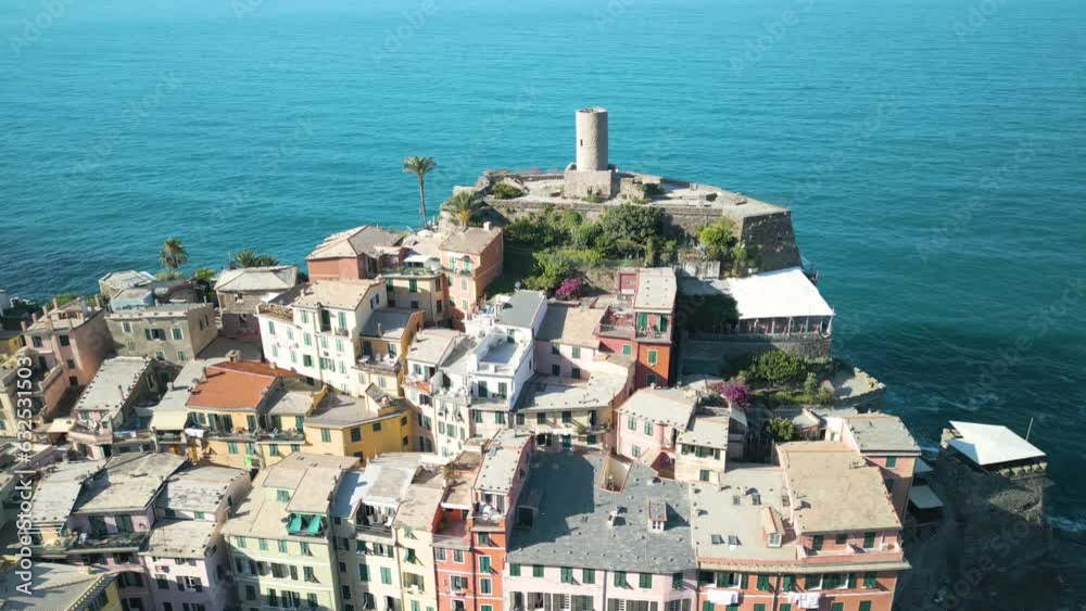 Drone Flies Away from Doria Tower Ruins in Vernazza, Cinque Terre, Italy Drone Flies Away from Doria Tower Ruins in Vernazza, Cinque Terre, Italy