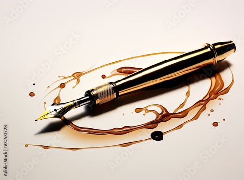 golden fountain pen leaves a signature on a white paper closeup. Created with Generative AI technology.
