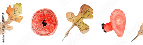 Border yellow leaves trees and mushrooms  foliage of natural branches  yellow leaves  herbs  mushrooms hand drawn watercolor on white background.
