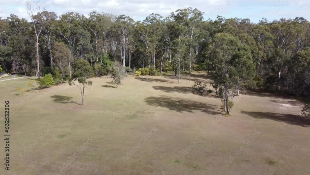 Drone descending on a green field trees in the background Drone descending on a green field trees in the background