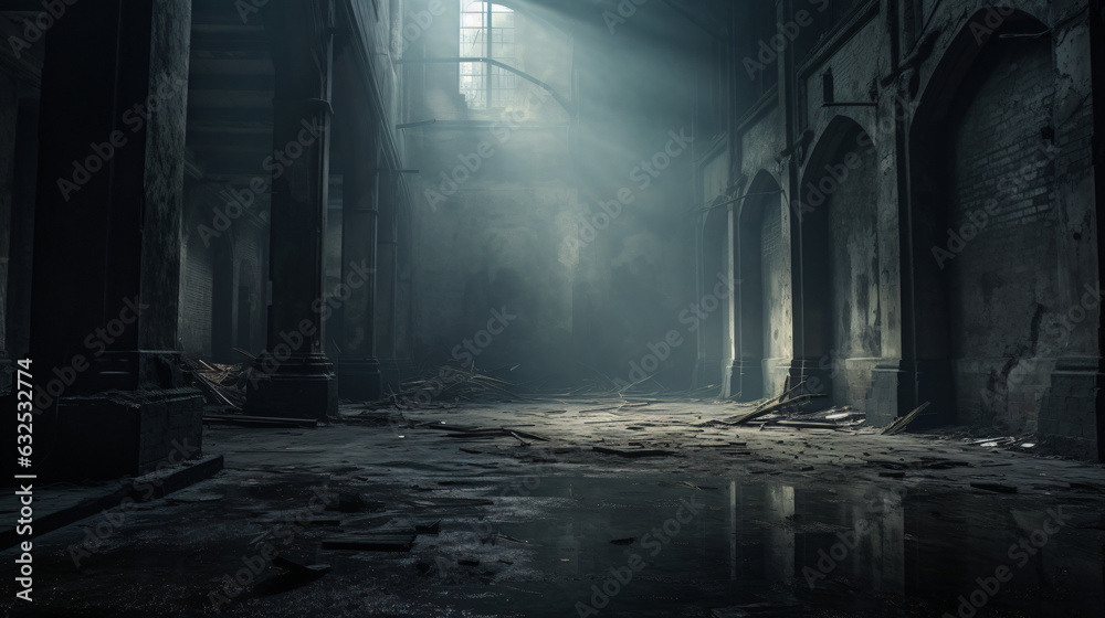 A scene set in a dimly lit abandoned building, where shadows dance amidst forgotten remnants. The atmosphere evokes an eerie and haunting sense of desolation.