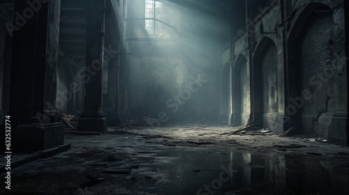 A scene set in a dimly lit abandoned building  where shadows dance amidst forgotten remnants. The atmosphere evokes an eerie and haunting sense of desolation.