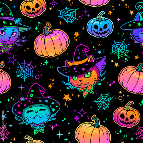 Seamless vector pattern with cute cats and Halloween pumpkin