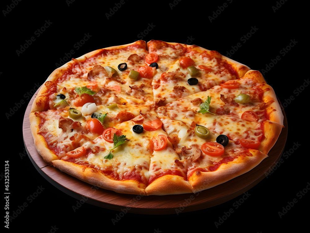 Hot tasty traditional italian pizza with salami, cheese, tomatoes greens on a dark background