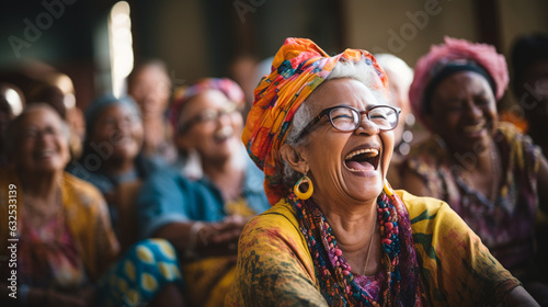 An elderly woman laughing during a laughter yoga session Generative AI