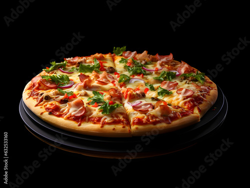Hot tasty traditional italian pizza with salami, cheese, tomatoes greens on a dark background
