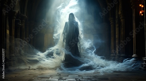 Haunting Elegy - Ghostly Specter Amidst Abandoned Castle Ruins, Veiled in Ethereal Mist. Halloween Theme.