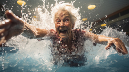 An elderly person engaged in a lively water aerobics session Generative AI © Denis Yevtekhov