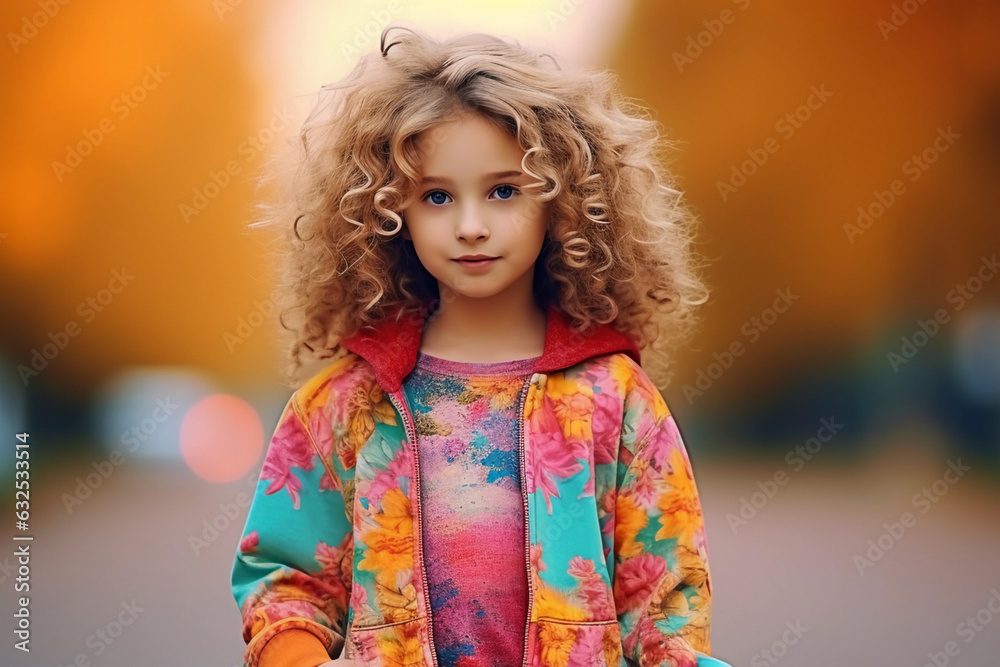 A cute girl with curly long hair wearing a colorful t-shirt. Joyful child on blurred city background. A cute girl with curly long hair wearing a colorful t-shirt. Joyful child on blurred city background.