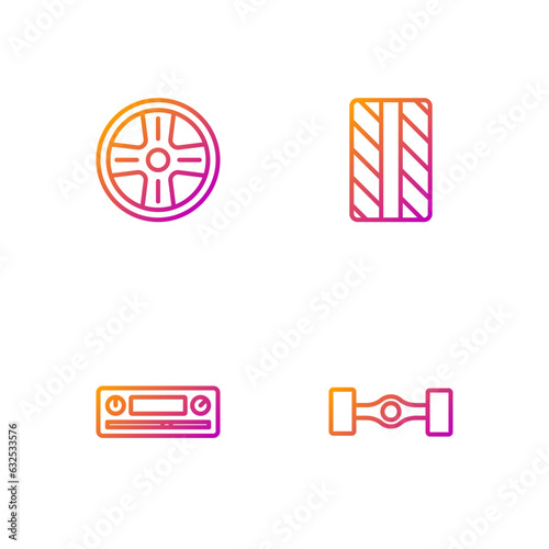 Set line Chassis car, Car Audio, Alloy wheel and tire. Gradient color icons. Vector