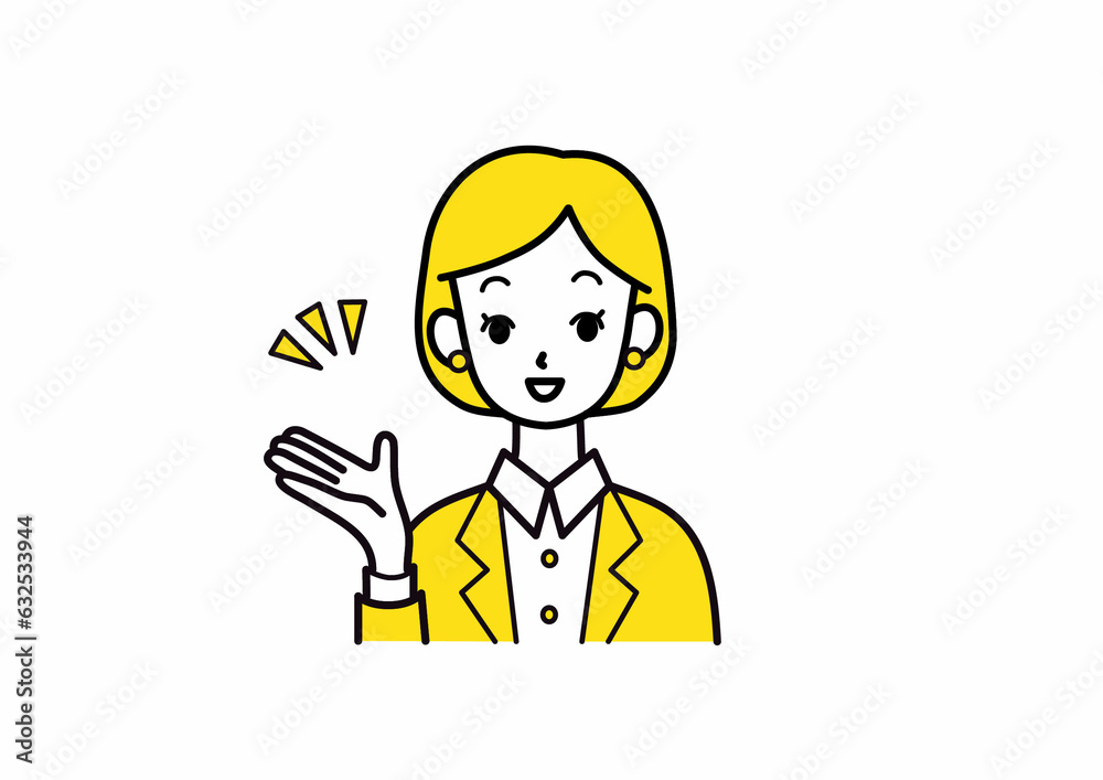 笑顔で紹介するスーツの女性 笑顔で紹介するスーツの女性