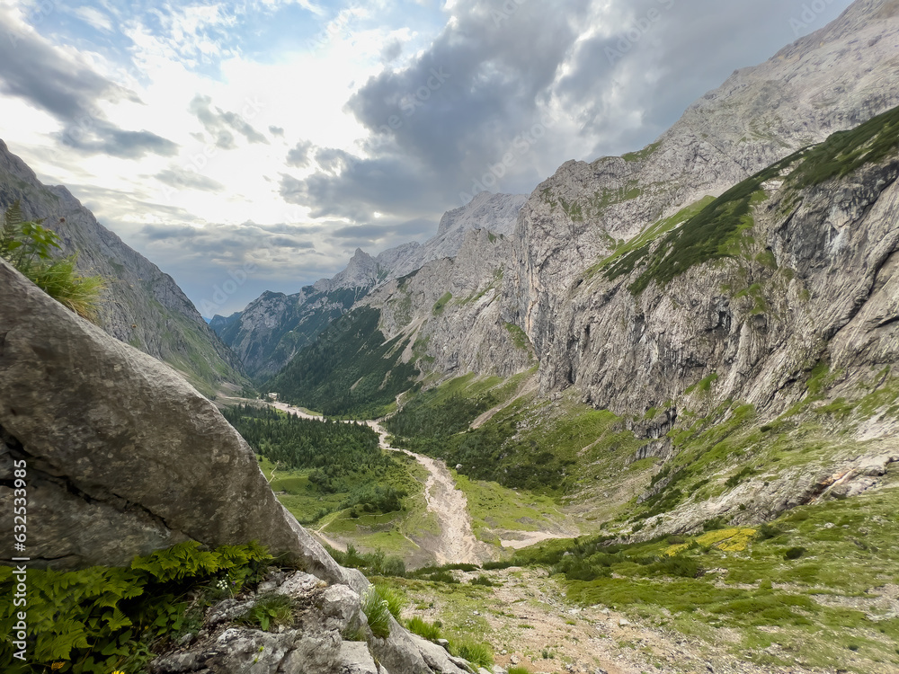View from the Zugspitze Hike path back to the Höllental canyon landscape