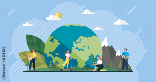 Happy people walking and resting in green eco city park flat illustration with globe, woman planting plant, girl riding scooter, man holding battery. Clean ecology and environment, respect for nature