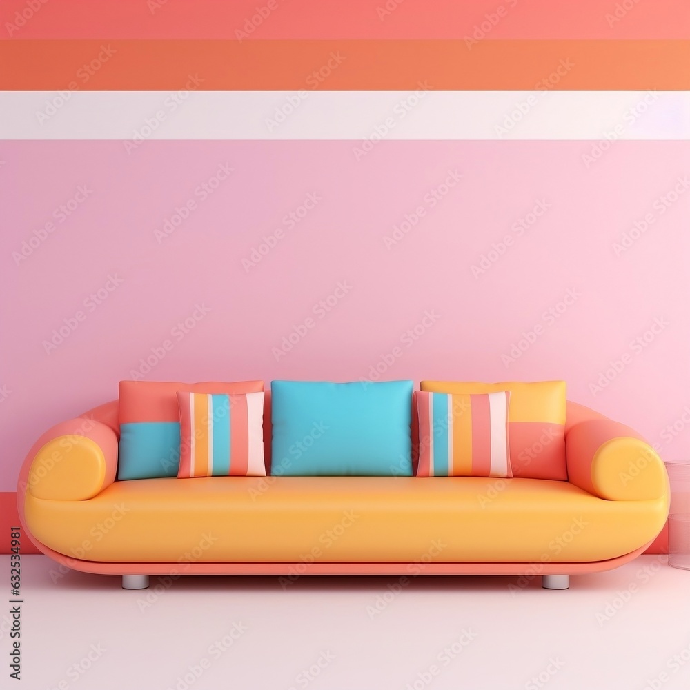 Pastel multi-color vibrant groovy retro striped background wall frame with bright sofa interior home design generative ai Pastel multi-color vibrant groovy retro striped background wall frame with bright sofa interior home design generative ai