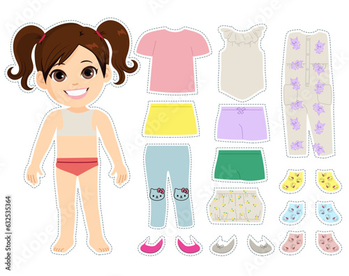 Cute small fashionable white girl kid with various clothes and accessories. Vector illustration of little female child with matching outfits doll game photo