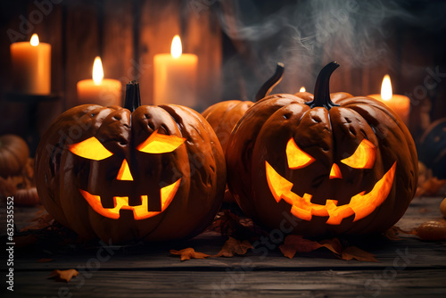 Halloween orange pumpkins with scary smiles and lanterns inside. Pumpkins with candle lit. 31 october celebration. Spooky magic horizontal banner. Background, card, poster, flyer. 
