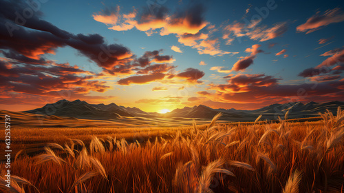 Grain Field, Wheat Field at Sunset. Generative AI