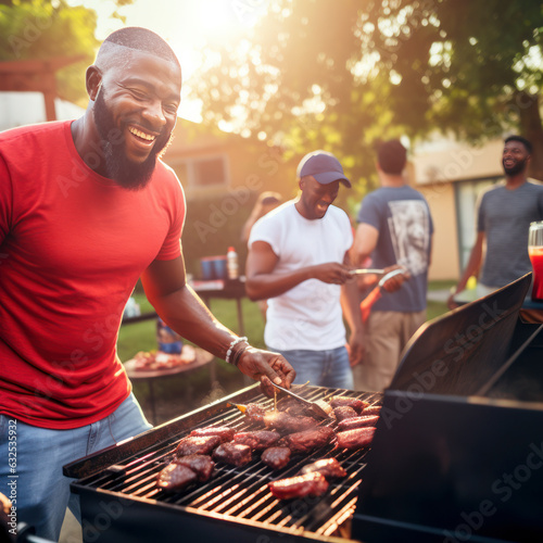 African American man at bbq cooking a steak for family