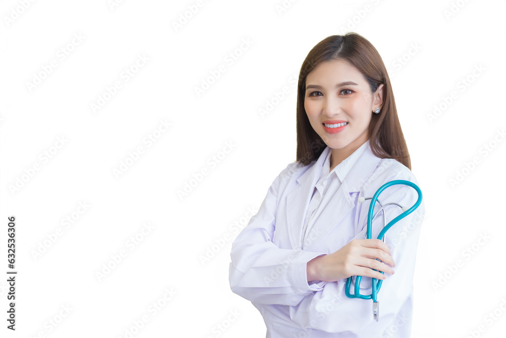 Professional young Asian woman doctor wearing white robe and stethoscope standing with arms crossed happy and smile at examination room in hospital in health concept while isolated on white background Professional young Asian woman doctor wearing white robe and stethoscope standing with arms crossed happy and smile at examination room in hospital in health concept while isolated on white background
