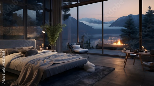 modern bedroom with a stunning view to foresrts and mountains. at evening time. generative AI illustration.