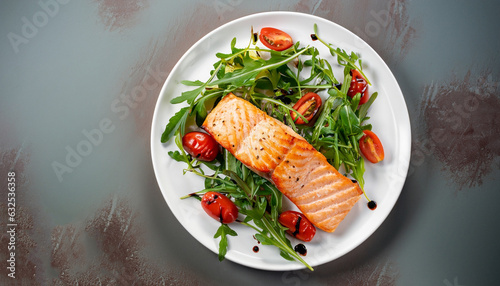 Baked salmon steak served with arugula and cherry tomatoes on a white plate, Top view