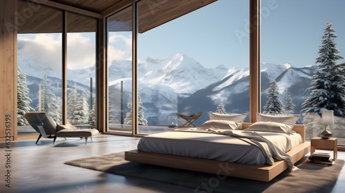 modern bedroom with a stunning view to foresrts and snowy mountains. generative AI illustration. © roei