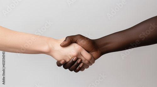 Two people shaking hands over a white background