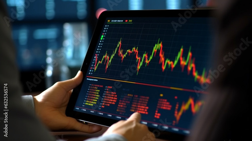Hands holding a tablet showing stock market graphs and data, finance and investment, banner, business photo