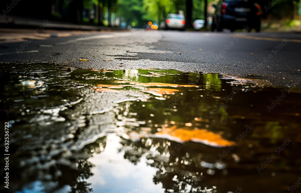 Puddle of water on an asphalt road. Concept of rainy weather in the fall and autumn. Puddle of water on an asphalt road. Concept of rainy weather in the fall and autumn.
