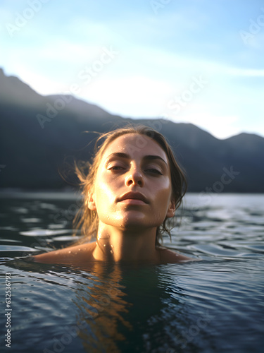 Lifestyle editorial Concept. Portrait silhouette of stunning beautiful woman girl swimming into the water with mountain landscape. illuminated sunset light. sensual  magazine. copy space