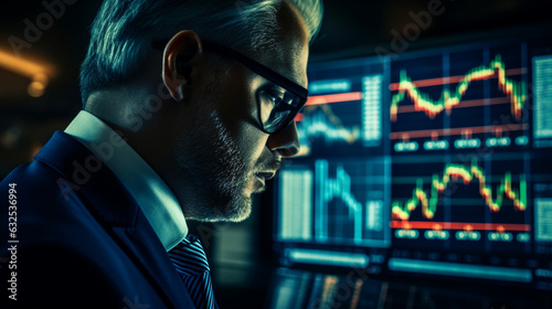 Stock market trading graphs reflected in a person s glasses  finance and investment  banner  business