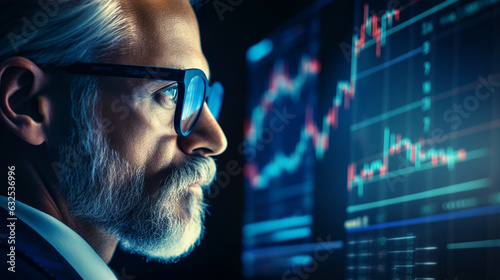 Stock market trading graphs reflected in a person's glasses, finance and investment, banner, business