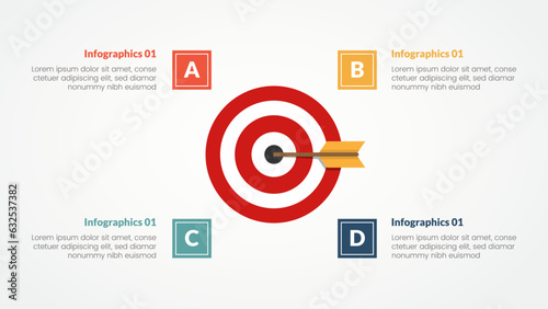 goals or business target infographic concept for slide presentation with big circle target symmetric 4 point list with flat style