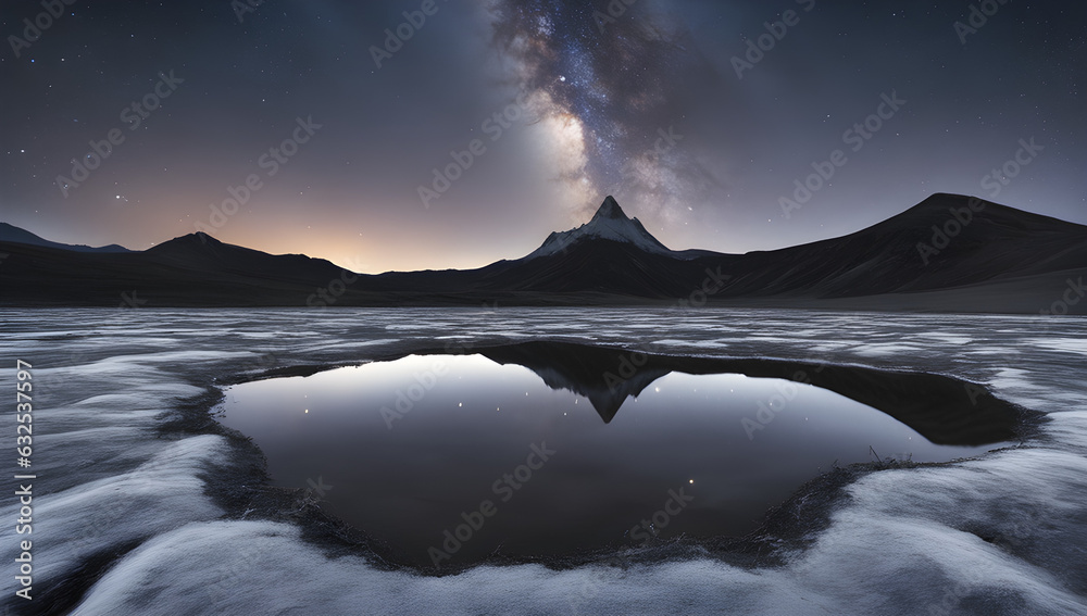 a mountain range with a pool of water in the foreground and a star filled sky in the background