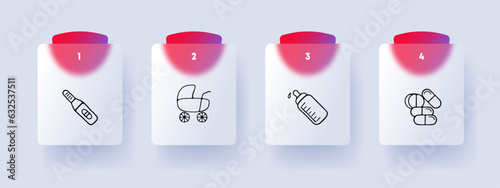 Motherhood line icon. Stroller, formula, milk, pills, nipple, baby, parenting. Glassmorphism style. Vector line icon