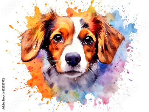 Cute dog puppy in watercolor splash style. Domestic animals, pets. Abstract creative painting. 