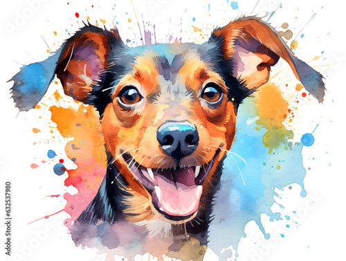Smiling dog puppy in watercolor splash and stains style. Domestic animals, pets. Abstract creative painting. 