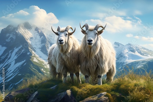 A Pair of Mountain Goats on a Verdant Hill. Generative AI © Umar