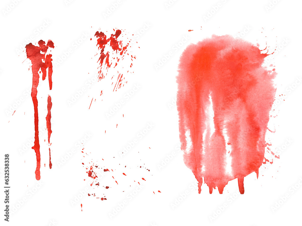Blood splatters and stains. Red blots of watercolor illustration isolated white background Realistic bloody splatters for Halloween Drop for blood concept. Design for stickers, tattoo, prints  - obrazy, fototapety, plakaty 