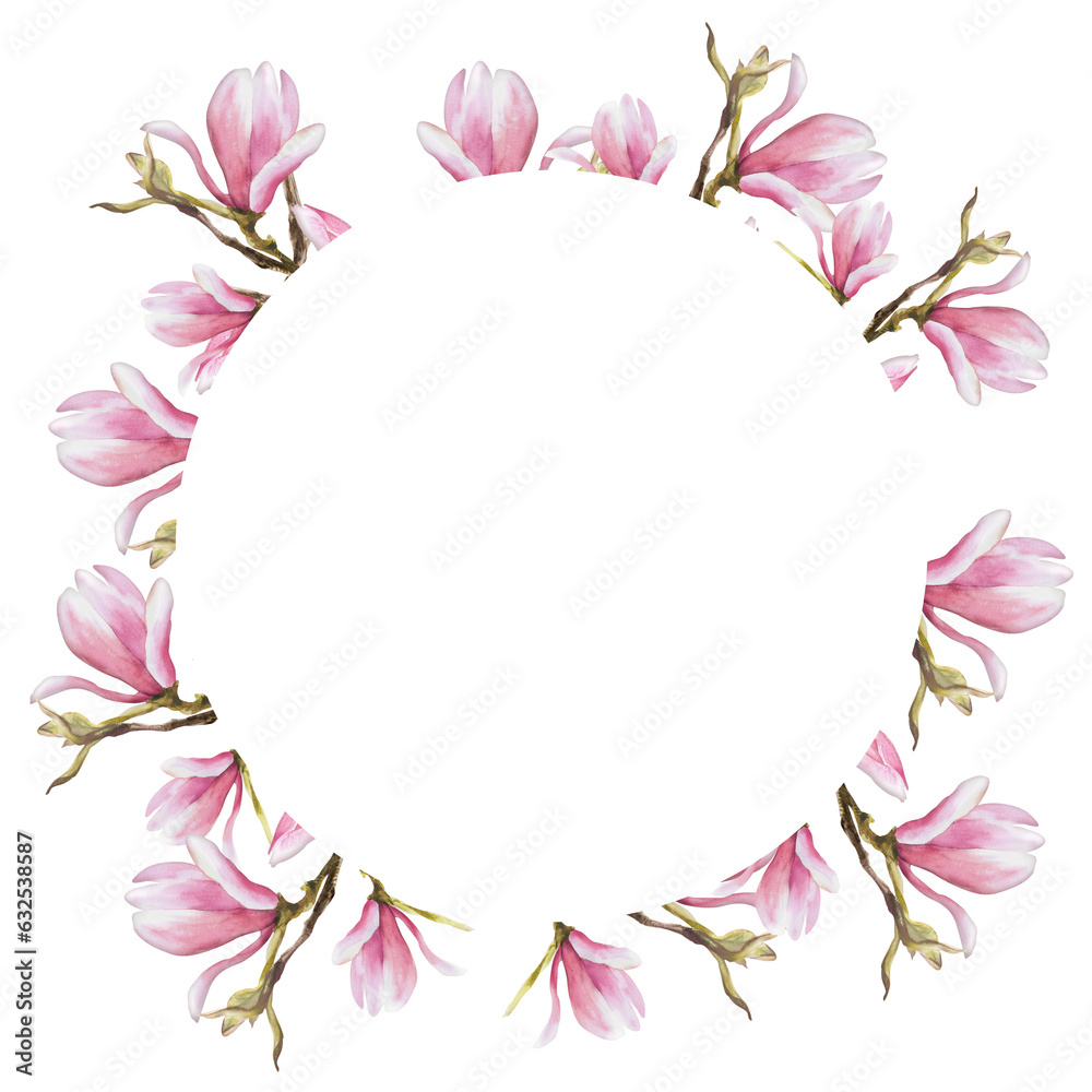 Floral round frame with watercolor pink magnolias bough, flowers, buds Hand painted isolated illustration on white background with pink watercolor stains Design for wedding invitations, greeting cards