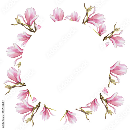 Floral round frame with watercolor pink magnolias bough, flowers, buds Hand painted isolated illustration on white background with pink watercolor stains Design for wedding invitations, greeting cards