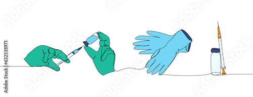 Vaccination set. Medicine ampoules with a syringe needle, vaccine, draw the vaccine into a syringe one line color art. Continuous line drawing of treatment, pharmaceutical, medical, therapy, allergy