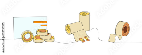 Medical Tape set. Paper Medical Tape, First Aid Medical, Surgical Tape, medical supplies, equipment one line color art. Continuous line drawing of medication, healthcare, clinical, disposable