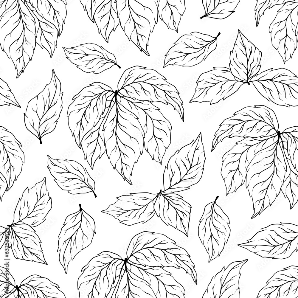 Seamless pattern of silhouette leaves, branches. Decorative outline collection of black and white plants. Hand drawn botanical vector illustration for greeting card, wallpaper, wrapping paper, fabric