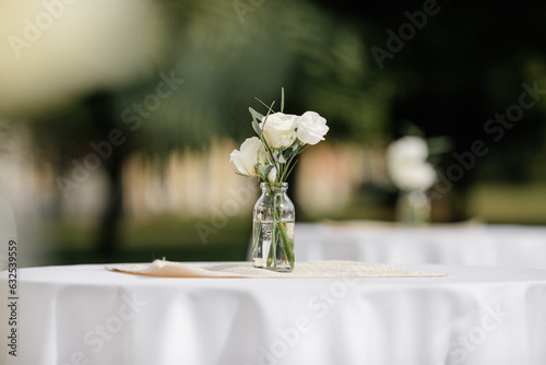 Wedding celebration at a restaurant, Setting up festive tables, Decoration and arrangement of the venue for various celebrations, particularly for weddings