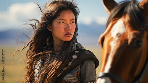Portrait of a Mongolian horsewoman on the vast steppes