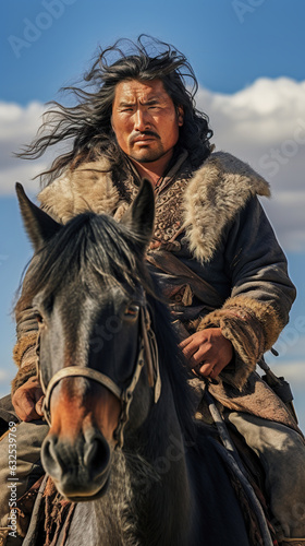 Portrait of a Mongolian horseman on the vast steppes