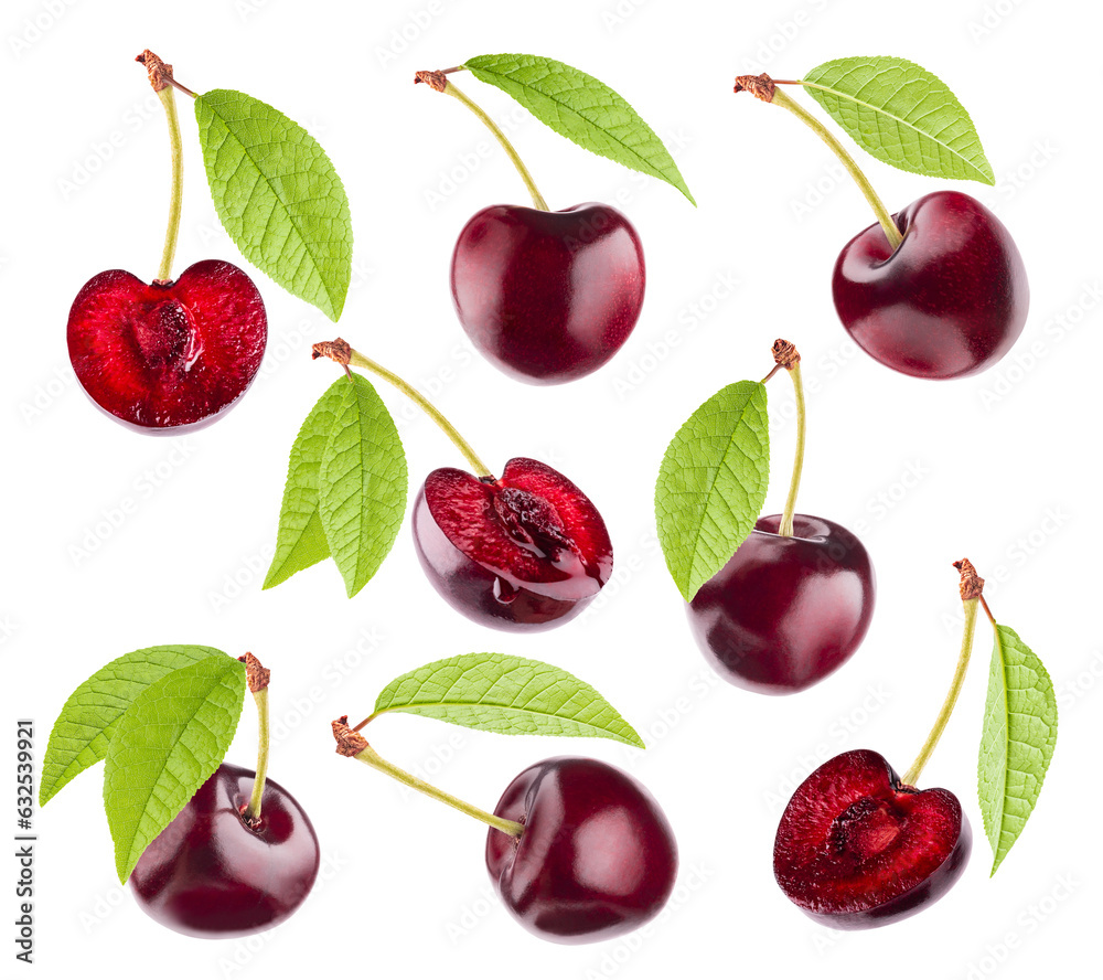 Fresh red cherry with green leaves, pattern, set, isolated. Whole, halves fruits closeup, different sides fly on white background. Summer fresh fruits as design element for advertising, card, poster. Fresh red cherry with green leaves, pattern, set, isolated. Whole, halves fruits closeup, different sides fly on white background. Summer fresh fruits as design element for advertising, card, poster.