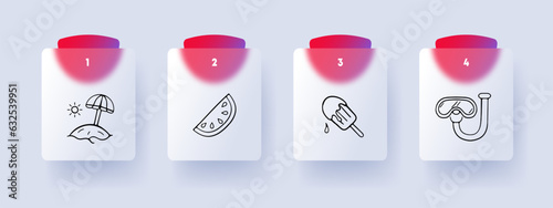 Summer vacation line icon. Chaise longue, umbrella, ice cream, sweets, watermelon, fruits, swimming mask. Glassmorphism style. Vector line icon